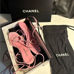 Vintage Y2K Chanel Pink Suede Lace Up Kitten Heels Sandals